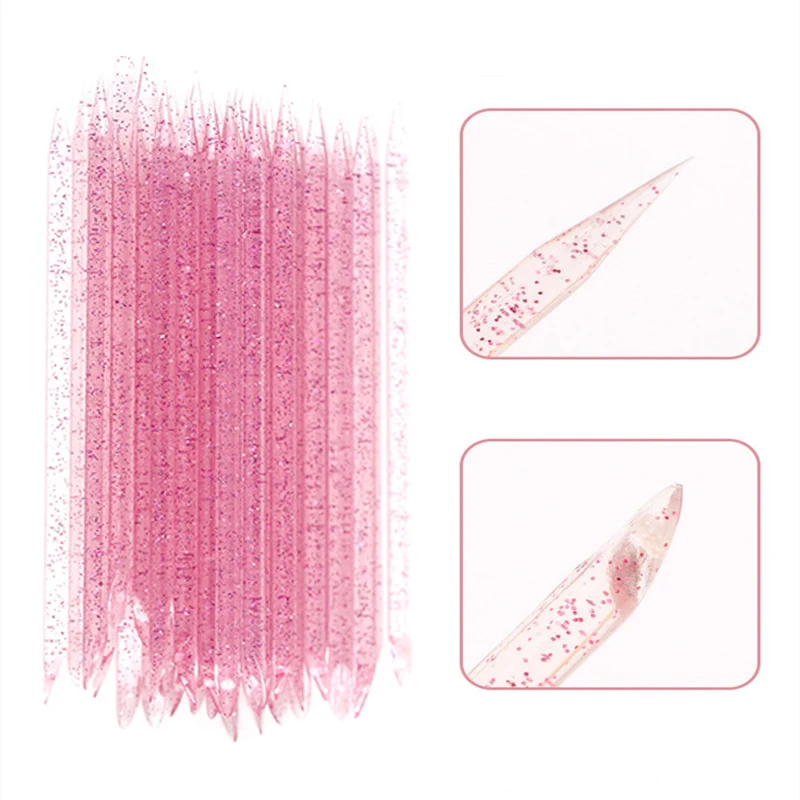 100Pcs/Bag Pink Crystal Cuticle Pusher Nail Art Manicures Stick Double End Peeling Push Reusable Nails Remover Clean Care Tools