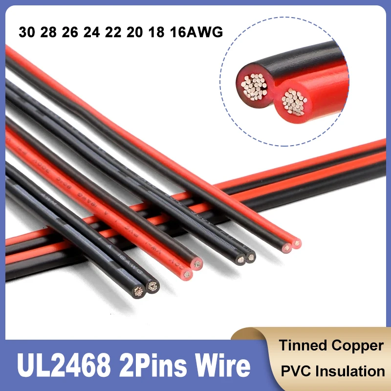 

2~100M Red Black UL2468 2Pin Wire 30 28 26 24 22 20 18 16AWG Electronic Speaker Audio Cable For LED Car Audio 12V JST Connector