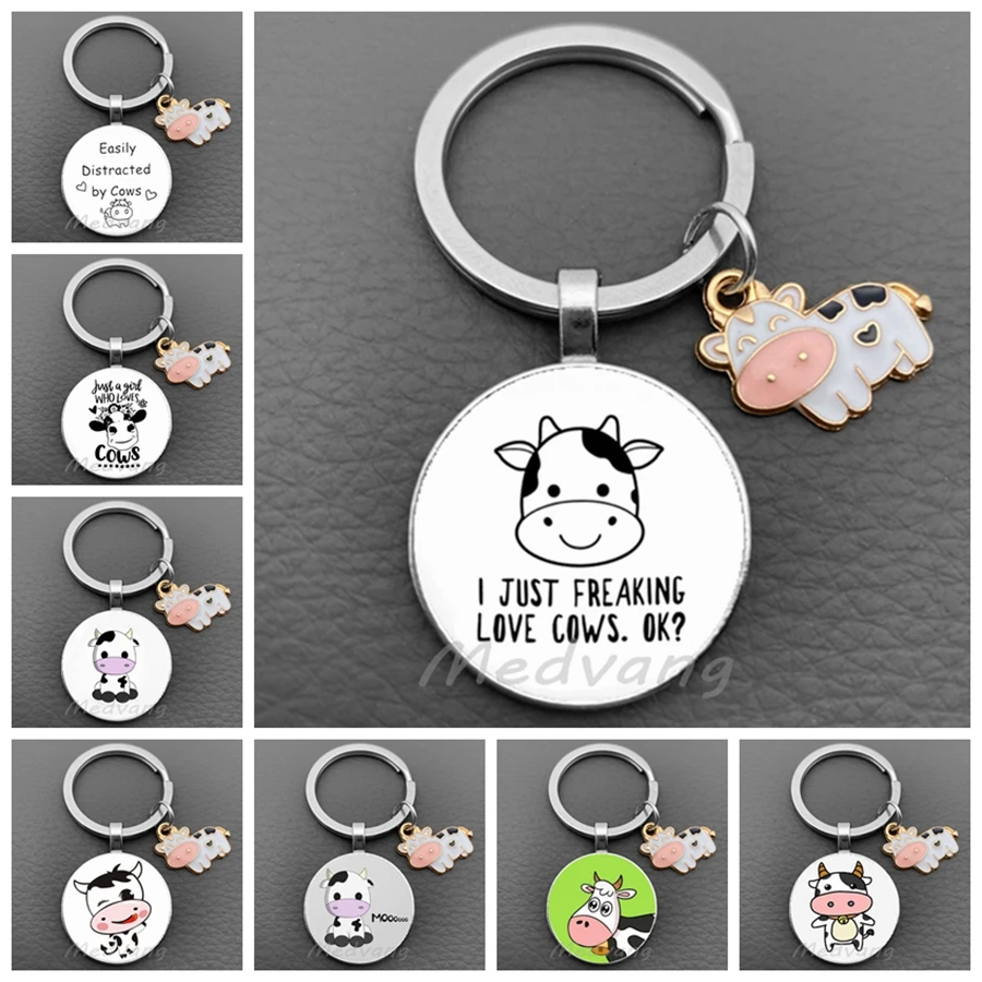 Nowy brelok do kluczy z uroczą krową kreskówką I Like Little Cow Glass Dome Keychain Charm Pack Brelok do kluczy samochodowych Prezent dla mężczyzn i kobiet
