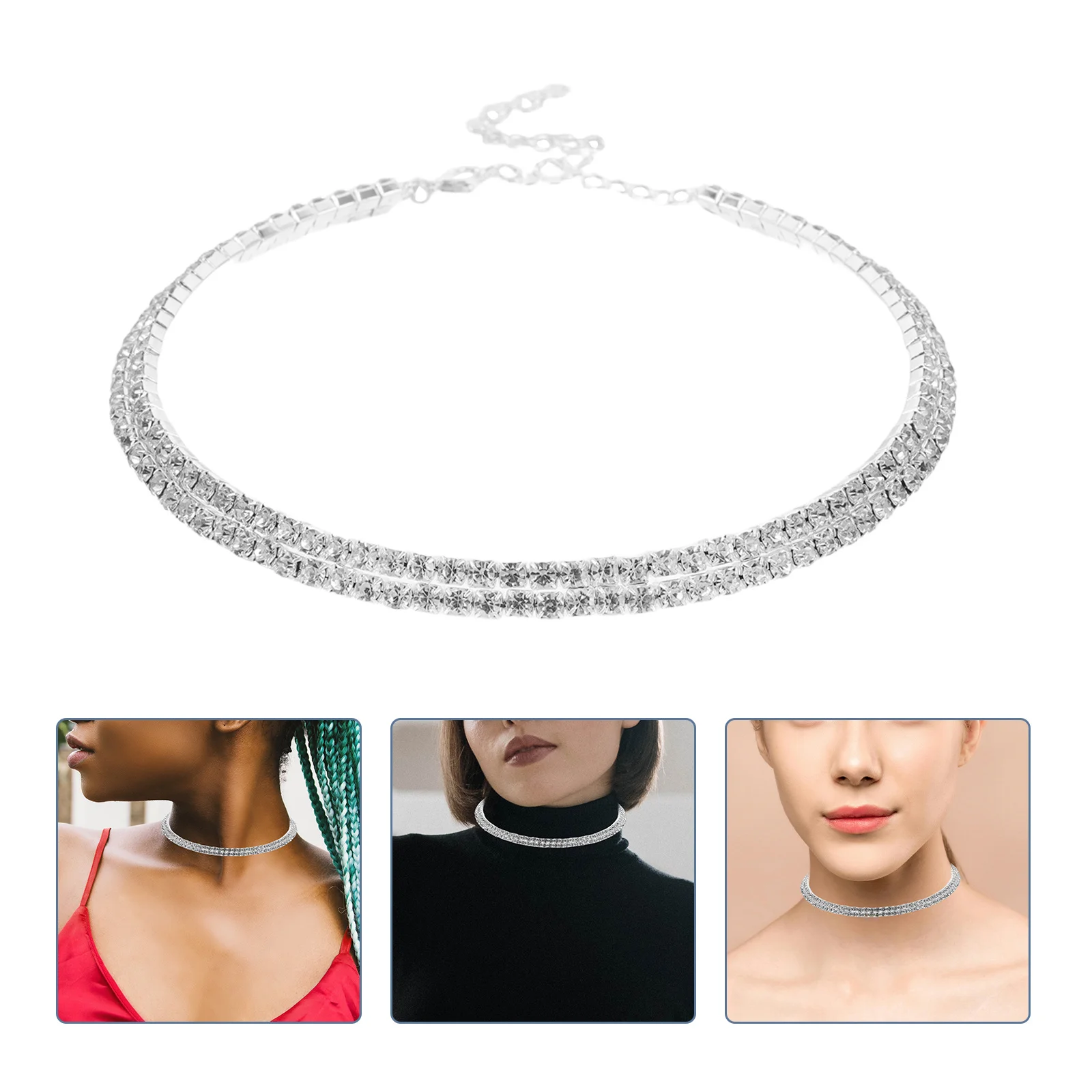 

2Pcs Double Layer Crystal Necklace Elegant Rhinestone Choker Sparkling Bridal Jewelry for Wedding Party Daily Wear Women