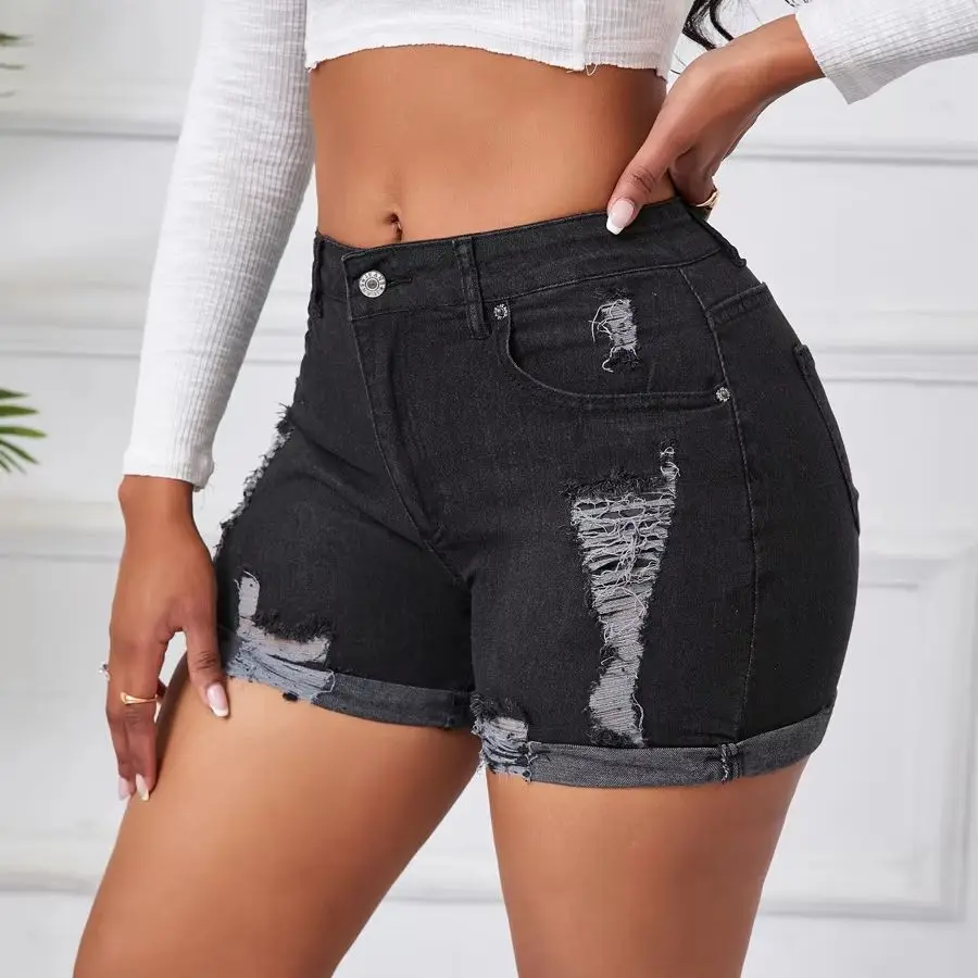 Shorts de mezclilla sexys de cintura alta y alta elasticidad para mujer, ropa nueva, talla grande, pantalones cortos vaqueros rotos con detalles de agujeros