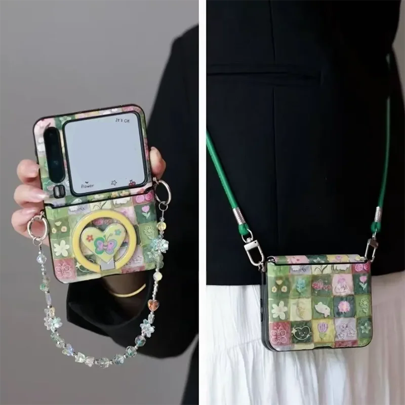 For Samsung Z Flip7 Case Magnetic Ring Stand Leather Phone Case For Samsung Z Flip 7 6 5 4 Vintage Floral Butterfly Pattern