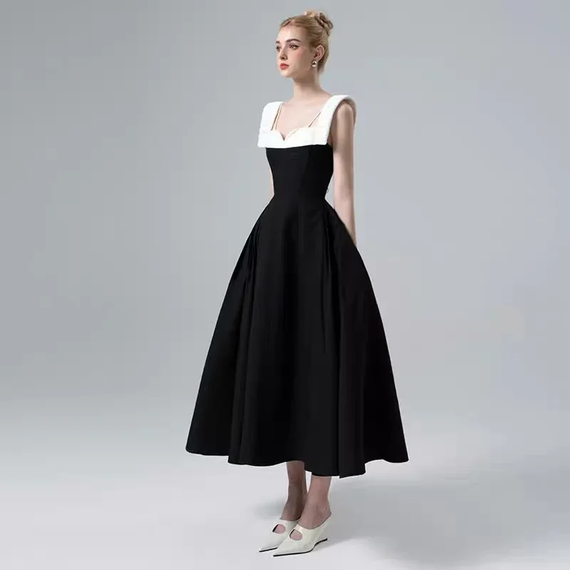 High-end 113 design niche evening dress black and white contrast dress