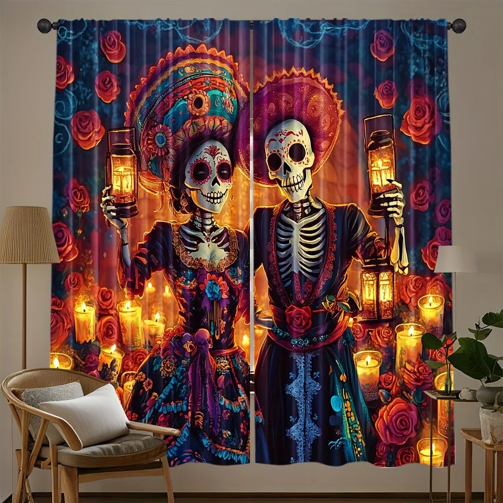 2 Panels Day of the Dead Printed Curtains Skeleton Rose Candle Polyester Living Room Bedroom Window Drapes Home Decor