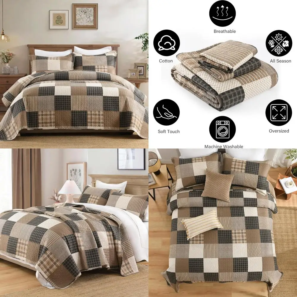 

King Size Cotton Farmhouse Plaid Quilt Set, Lightweight Comforter Bedding, Charcoal Rustic Bedspread
