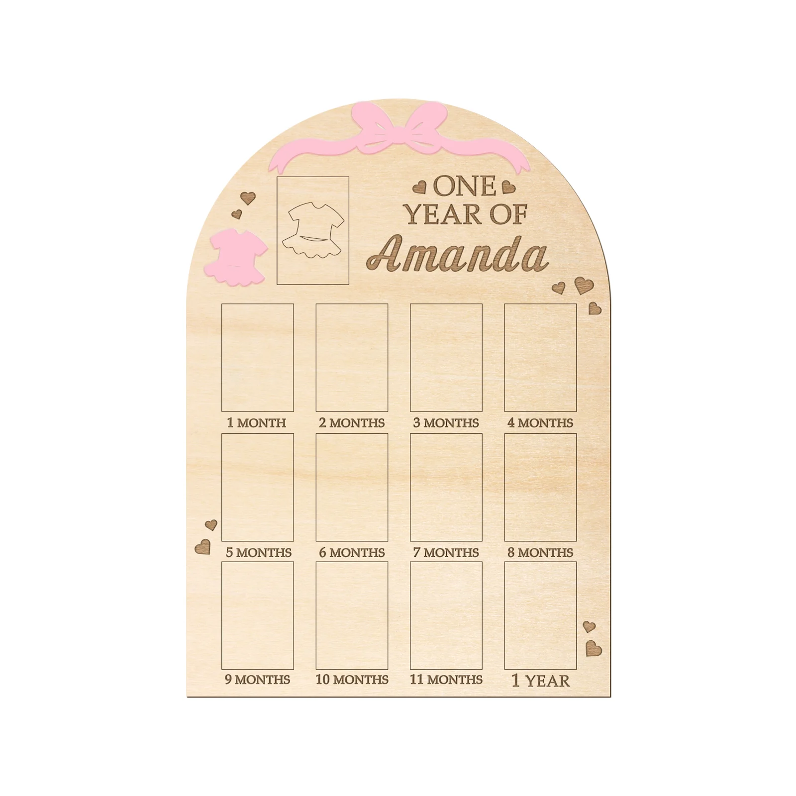 

Personalized Baby Girl First Year Photo Board - Pink Bow Design with Custom Name, 13 Photo Slots (16.65"x11.81")