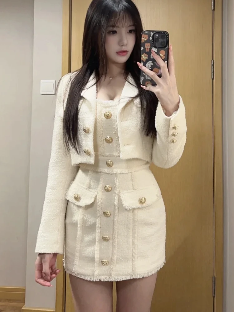 ชุดเซ็ต 2 ชิ้น สไตล์วินเทจฝรั่งเศส สำหรับผู้หญิง ดีไซน์พู่ห้อย เสื้อโค้ท+เดรสลำลองเอวสูง แฟชั่นเกาหลีสุดชิค ยอดนิยมในฤดูใบไม้ร่วง