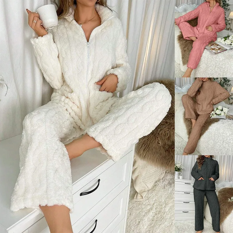 

Jacquard Auutmn Women's 2 Piece Sets Solid Stand Zipper Pockets Coral Fleece Coat For Lady High Waist Straight Female Trousers