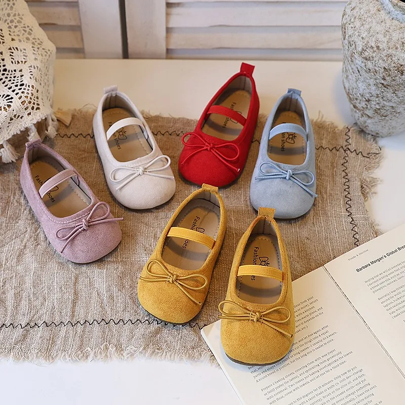 Little Girl'S Princess Shoes Candy Color Bowtie Elastic Band Kids Flat Shoe Suede Sweet Slip-On Comfy Autumn Children Shoe 21-30