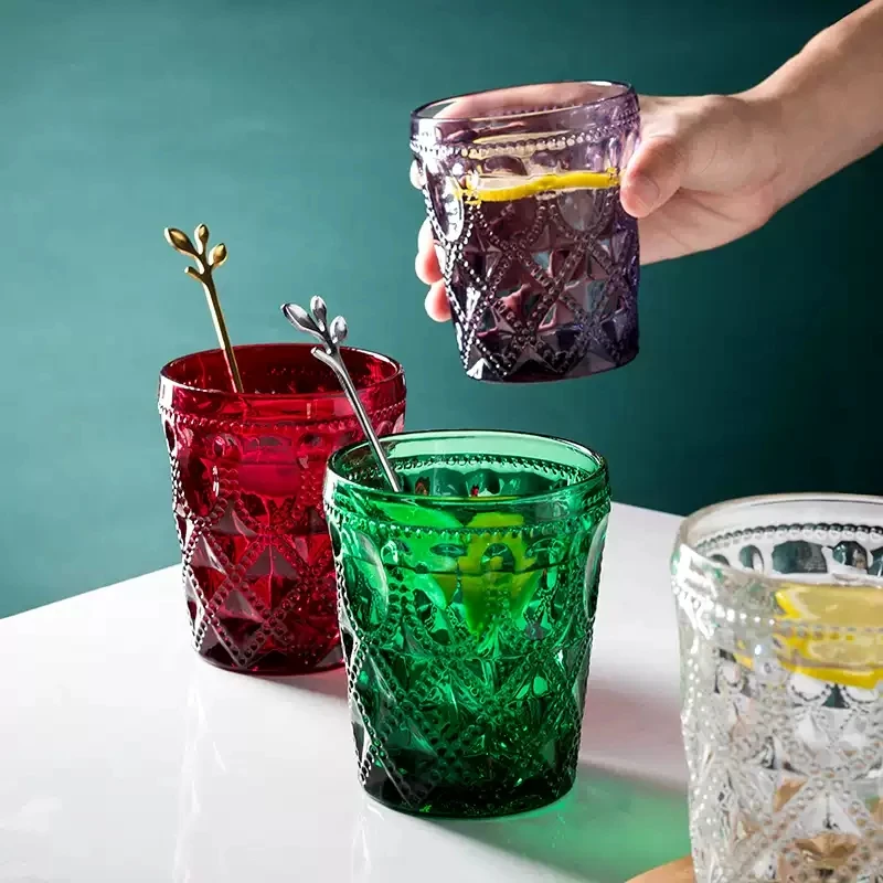 300ml Vintage Embossed Glass Tumbler Retro Diamond Pattern Colored Water Cup Whiskey Juice Glass Cup Home Drinkware