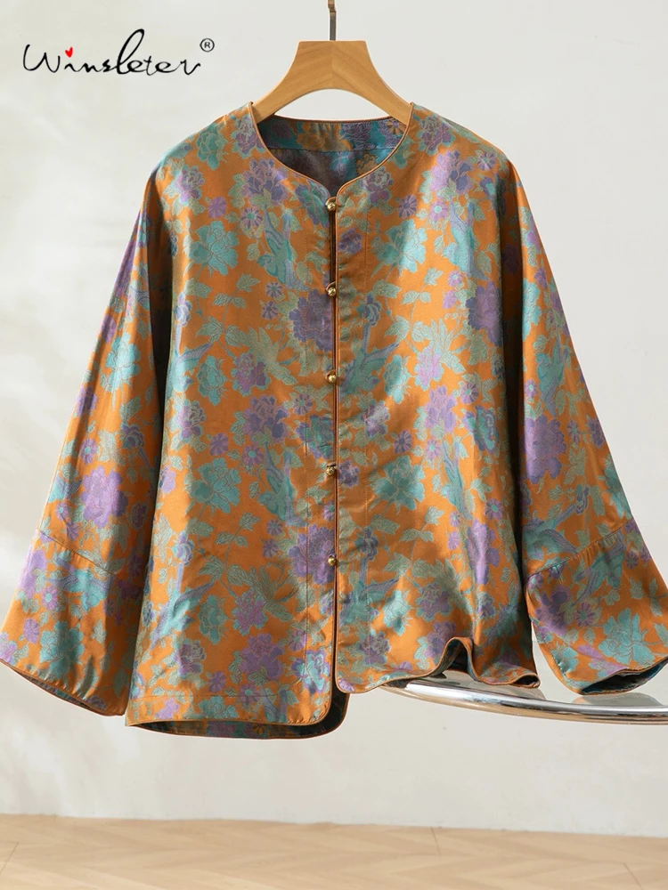 

Winsleter-100% Элегантное пальто из парчи из натурального шелка Shu, жаккардовое пальто с круглым вырезом, женское двустороннее универсальное свободное пальто, осень 2023, C5O0100CC