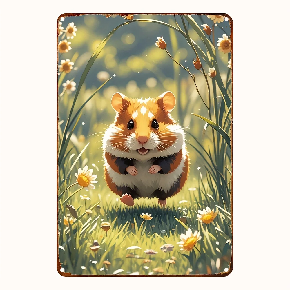 1pc Charming Retro Jumping Hamster Metal Tin Sign - Waterproof & Pre-Drilled, 8x12 Inches - Ideal for Home, Coffee Shop, Dessert