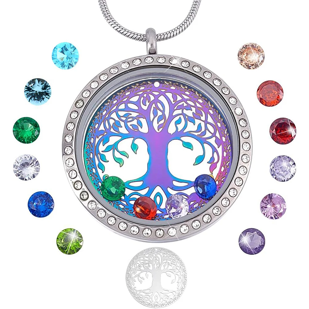 Family Tree of Life Floating Locket Memory Locket Charm with Stainless Steel Snake Chain Necklace 12 Birthstones Dangle Charms