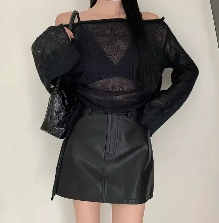 팝 여성용 하이 웨이스트 미니 드레스 블랙 Pu 가죽 다목적 스커트 가을/겨울 한국 스타일을위한 크롭 A 라인