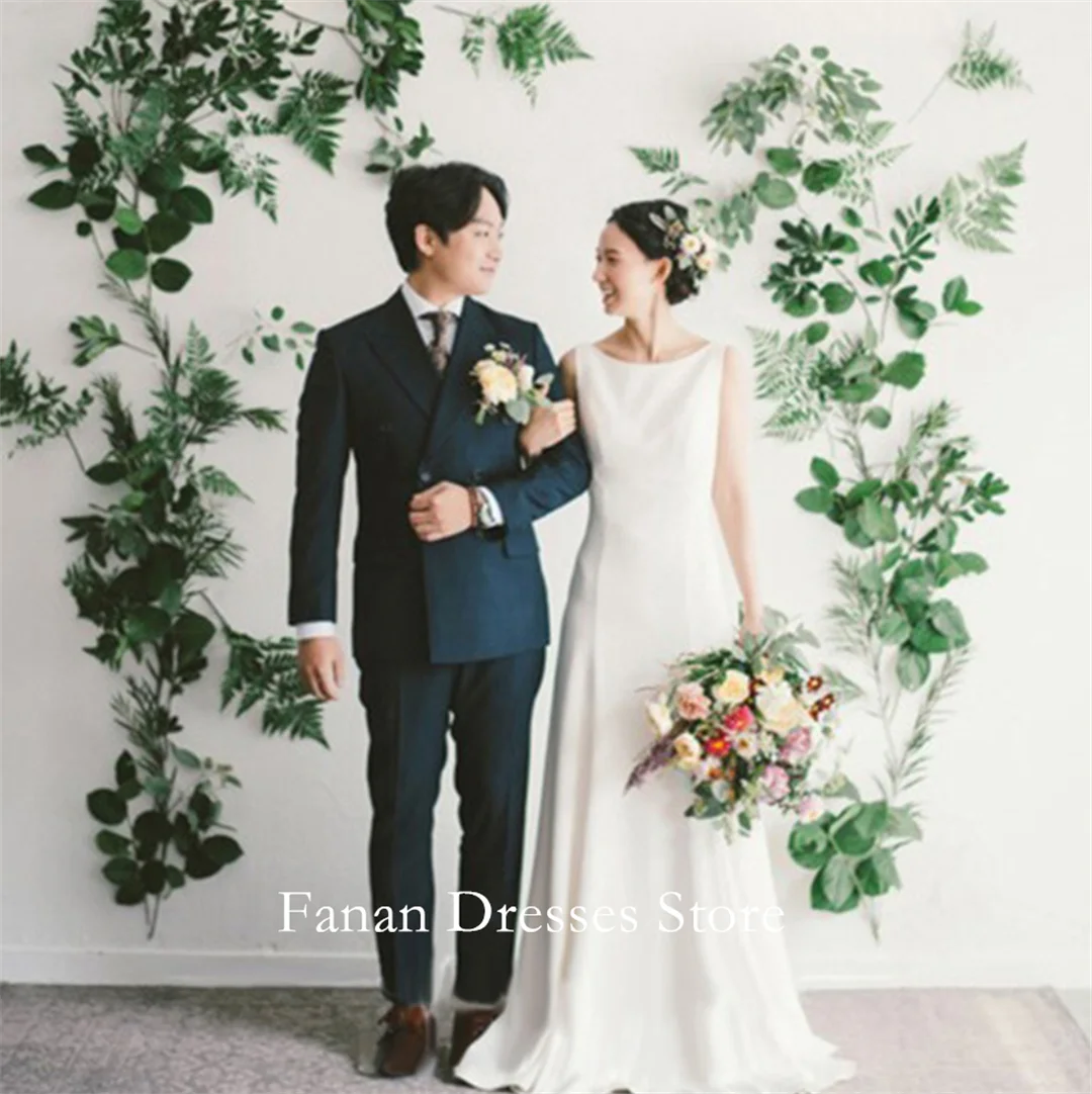 

FANAN Корейские платья невесты с вырезом лодочкой без рукавов и открытой спиной Свадебные платья из мягкого атласа со шлейфом 웨딩드레스 цвета слоновой кости по индивидуальному заказу P