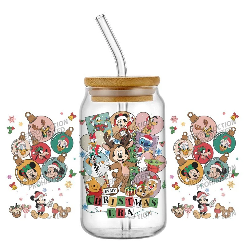 Miniso UV DTF Transfer Aufkleber Mickey Family Weihnachtsmuster Wasserfeste Aufkleber für 16oz Glasbecher Wickelaufkleber