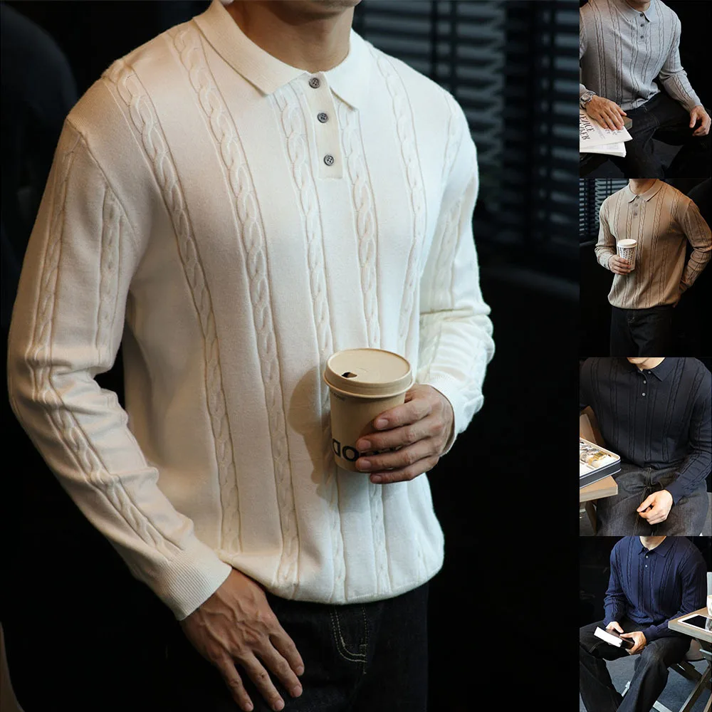 Spring Autumn Cable Textured Lapel Long Sleeve Knit Polo Sweater Men's Premium Business Casual Top