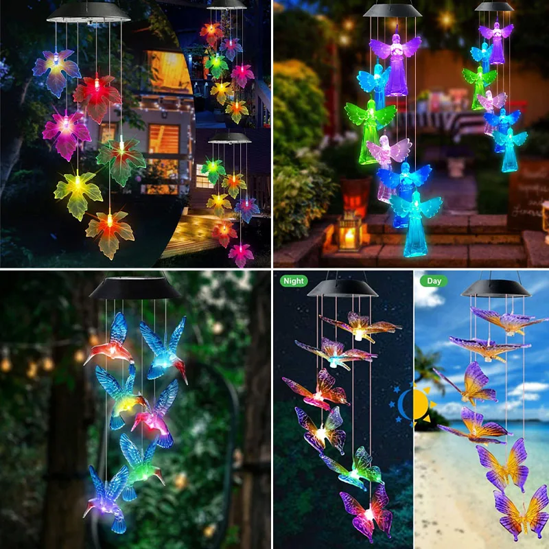 

Solar Wind Chime Lamp Outdoor Garden LED Light Colorful Solar Butterfly Hummingbird Fairy Lights Waterproof Courtyard Decoration