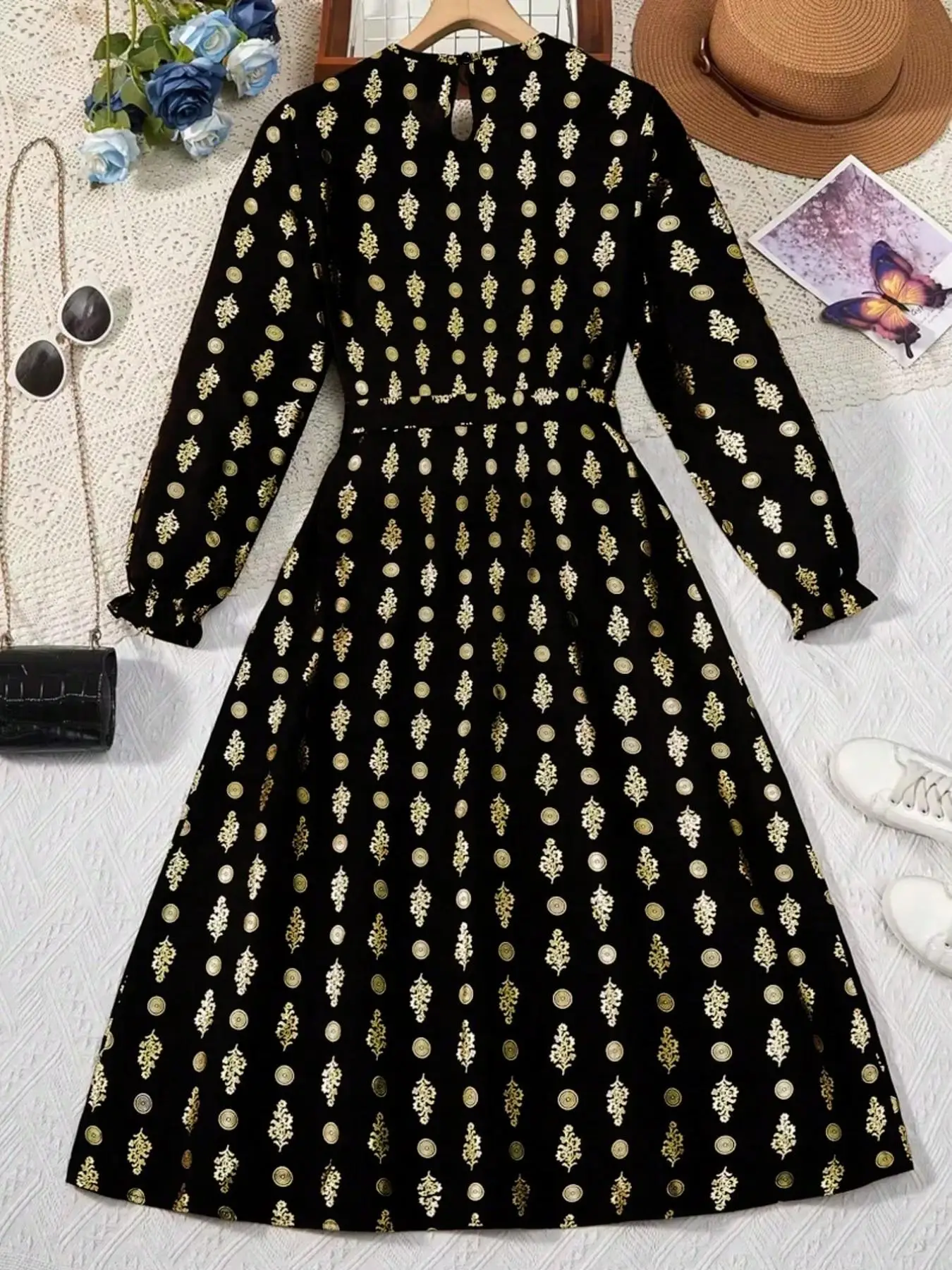 Girls' Bohemian Style Gold Floral Print Dress Long Sleeve Lace Trim Breathable Fabric for Eid Outing