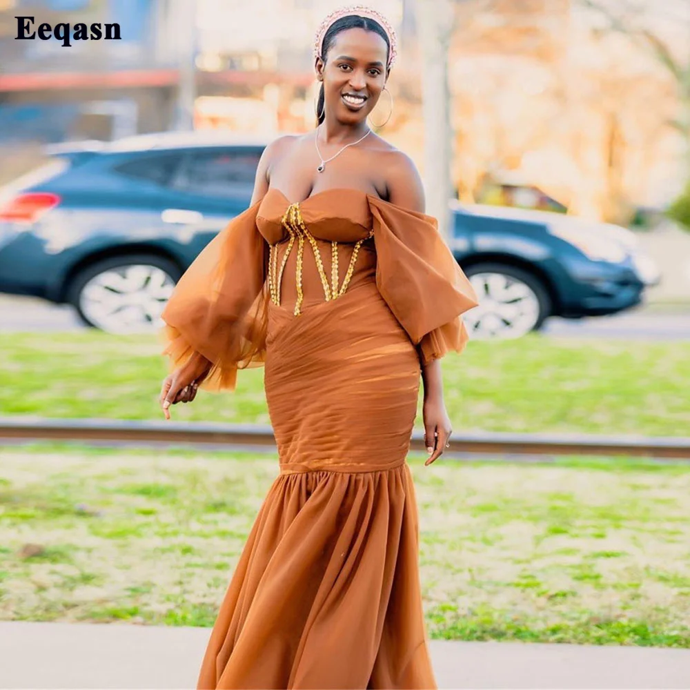 

Eeqasn Burnt Orange Mermaid AfricanEvening Dresses Tulle Off the Shouder Long Dubai Women Formal Prom Dress Wedding Party Gowns