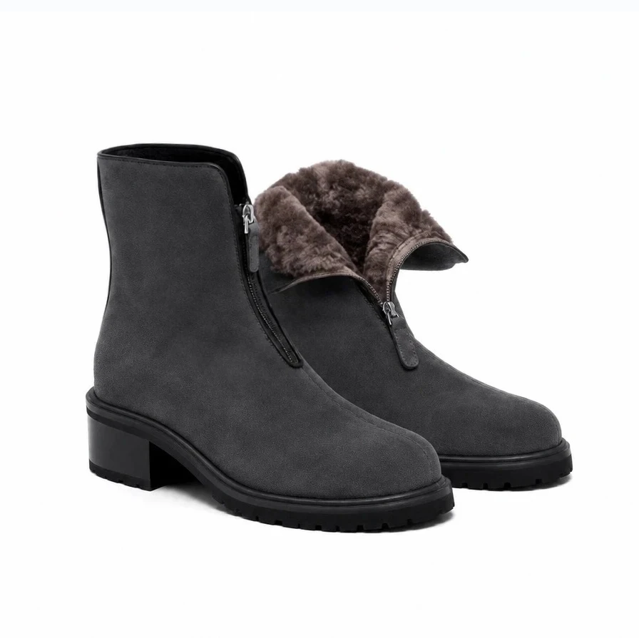 Women's Suede Ankle Boots - High Heel Wool-Lined Winter Boots