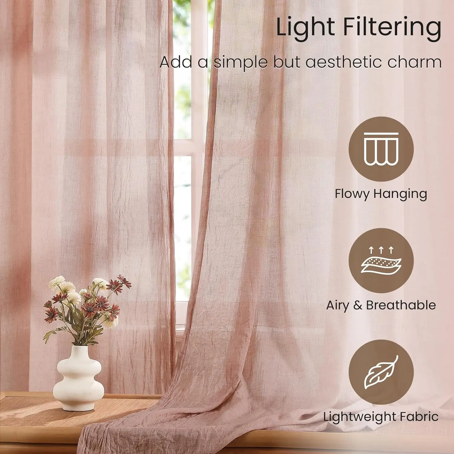 Blush Pink Cotton Sheer Natural Light Filtering Crepe Voile Drapes for Bedroom Living Room Rustic Style