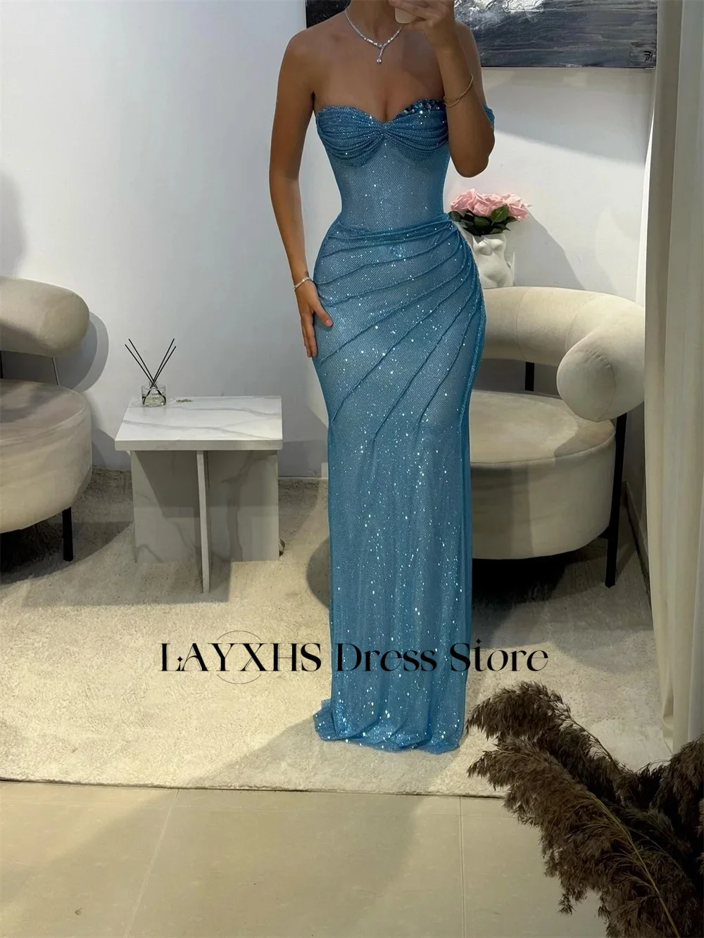 LAYXHS Sexy Azul Querida Vestidos de Noite Sereia Brilhante Frisado Plissado Vestidos de Baile Personalizados فساتmavera