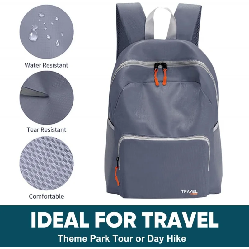 Sac à dos pliable léger et pliable pour voyage et randonnée, pour hommes et femmes, gris