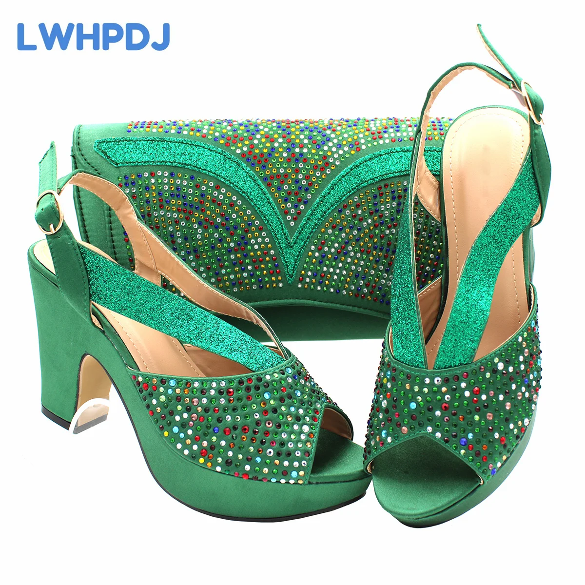 2024 Newest Fashion Green Color Italian Shoes and Bag Set Wholesale Comfortable Wedges Sandals for Wedding Party