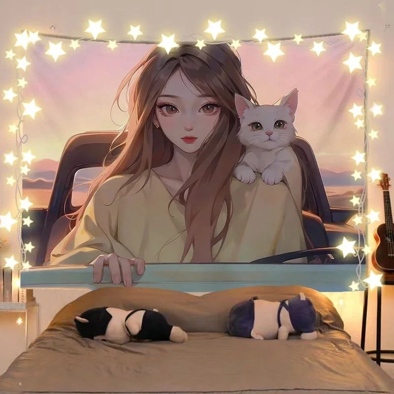 Sunset Anime Girl & Cat Tapestry Wall Hanging for Bedroom Living Room Dorm Aesthetic Home Decor