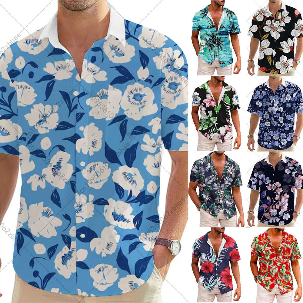 

Fashionable Lapel Shirts For Men Summer Hawaiian Tropical Plant Printed Loose Short Sleeve Button-Down Beach Holiday Shirts