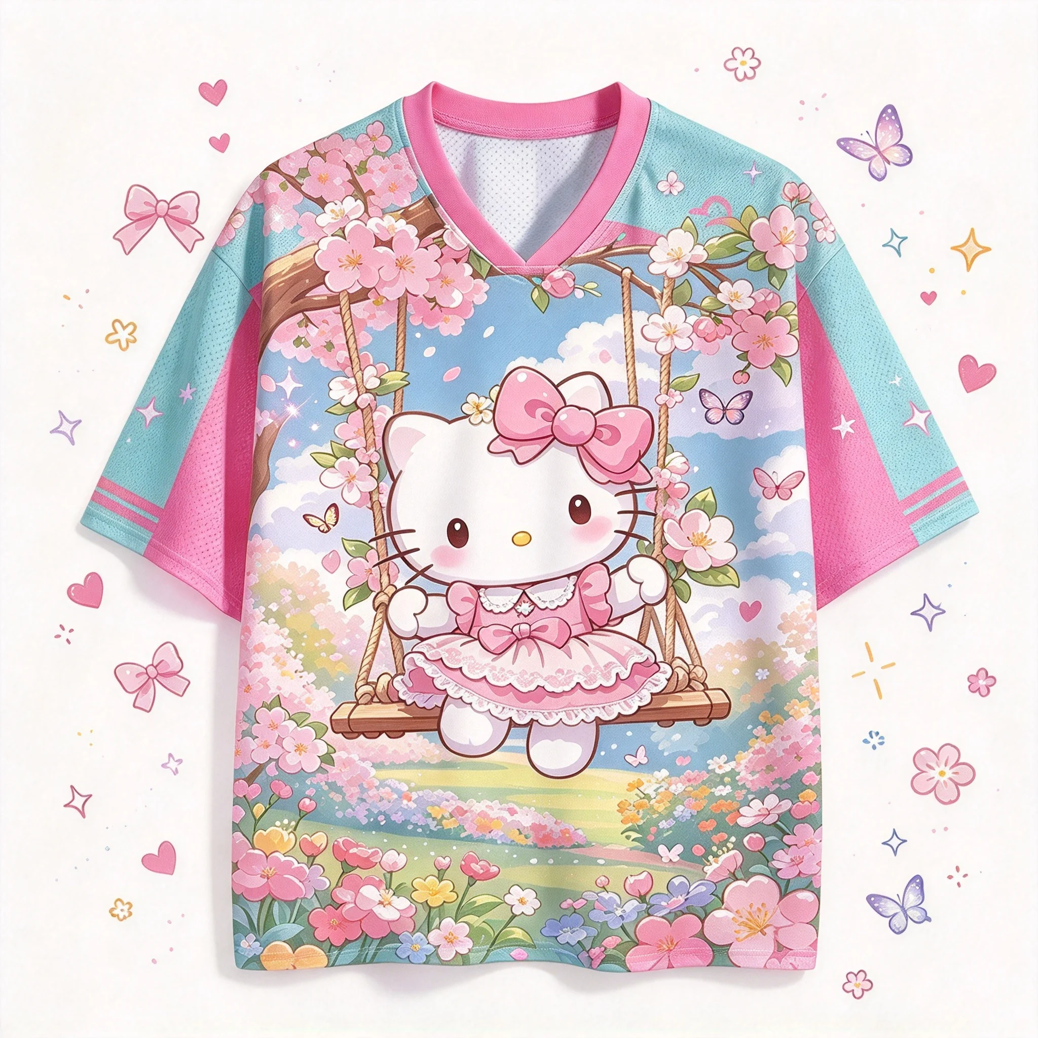 Hello Kitty Sunset Garden Graphic Mesh Jersey, Pink Blue V Neck Sport Top, Flower Butterfly Cute Print Oversized Casual Shirt