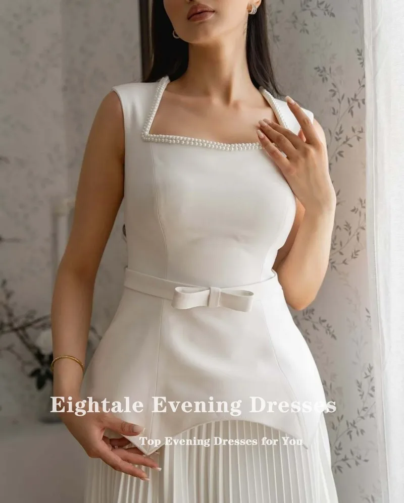 Eightale อาหรับชุดราตรีที่กําหนดเองลูกปัดไข่มุกจีบโบว์ Sashes ชีฟองพรหม Gowns งานแต่งงาน