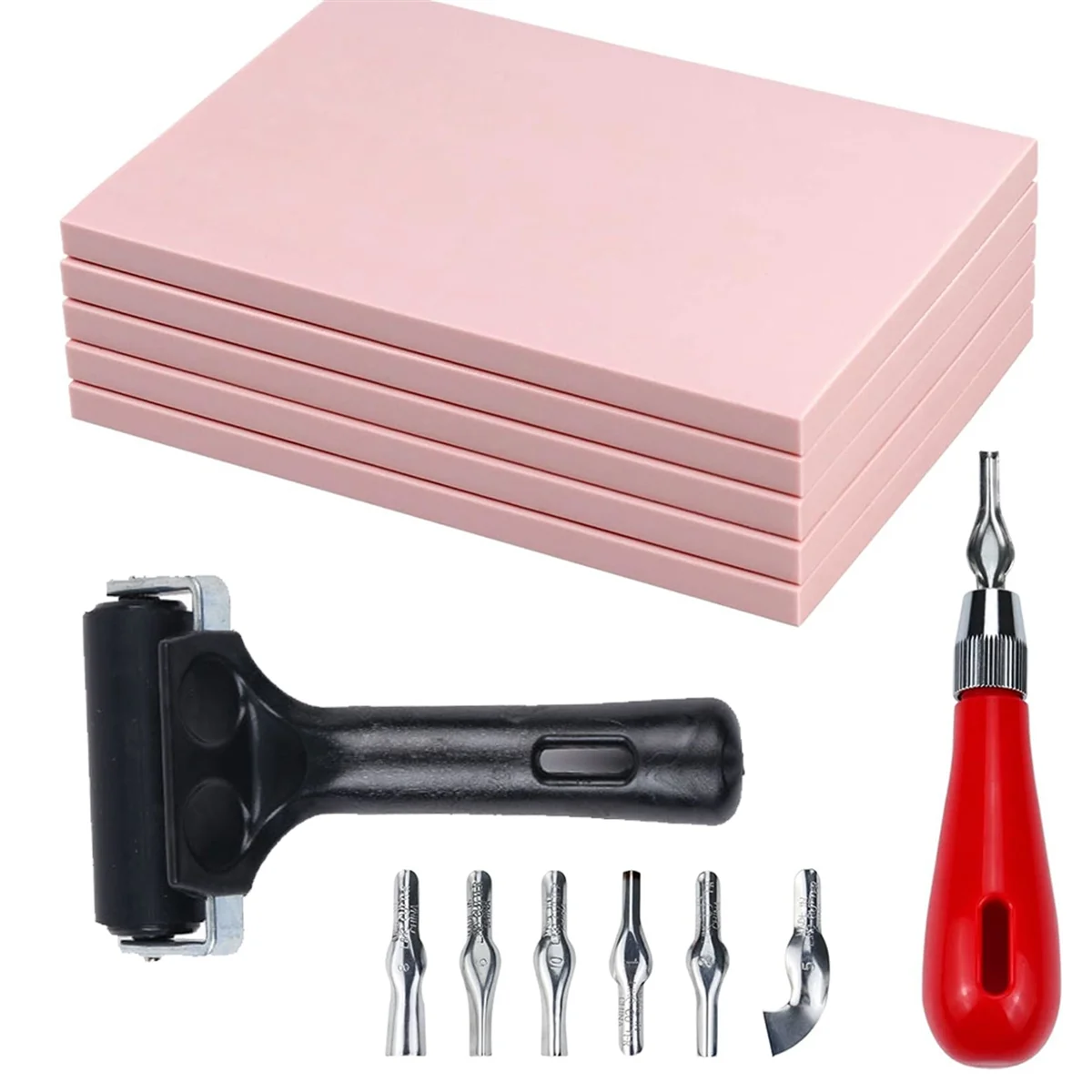 5 Pack Rubber Block Stamp Carving Blocks with Cutter Tools and Rubber Brayer Roller for Printmaking and More CAU30ts