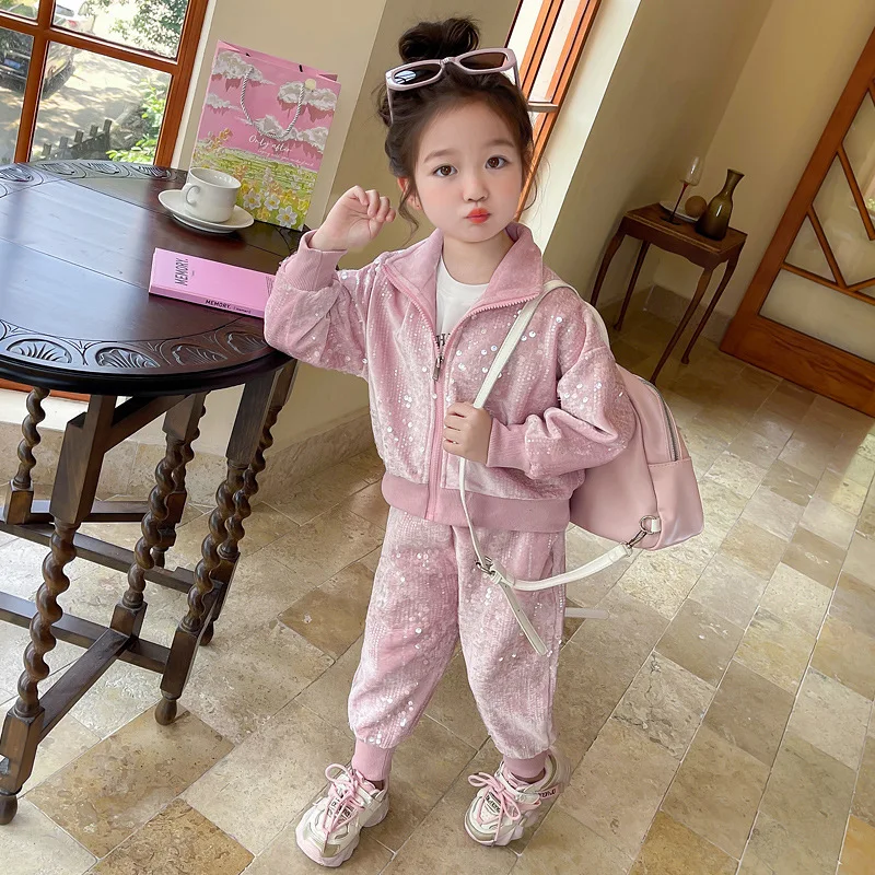 

Spring Autumn Girls Sports Sets Shiny Sequins Turn Down Collar Long Sleeve Coat+High Waist Baggy Pants 2pcs Kids Casual Outfits