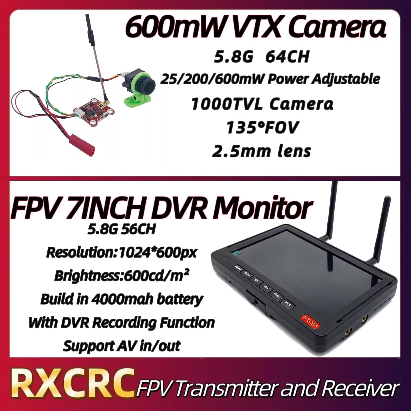 RXC 5.8G 64CH 600mW VTX Transmitter with a 1000TVL 135°FOV Camera FPV 7INCH DVR Monitor 1024*600px For RC Multicopter FPV Drone.