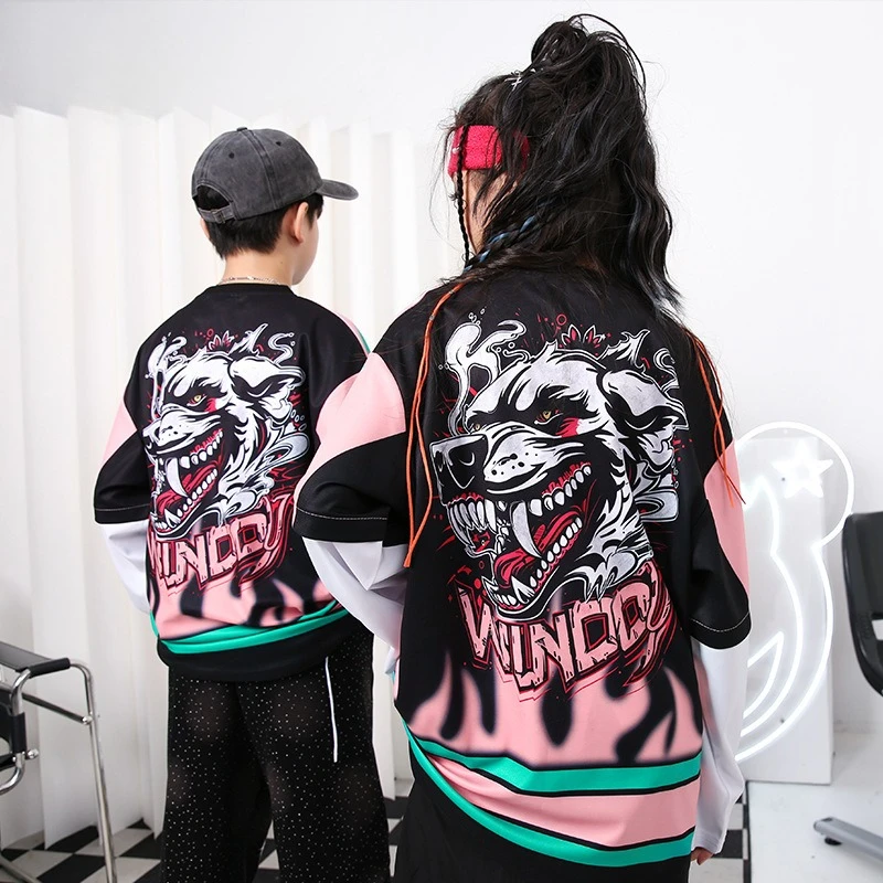 Mädchen Hip Hop Street Dance Kleidung Langarm Top Schwarze Hosen Jungen Jazz Dance Performance Kostüm Kpop Outfits Gruppe Bühne Tragen
