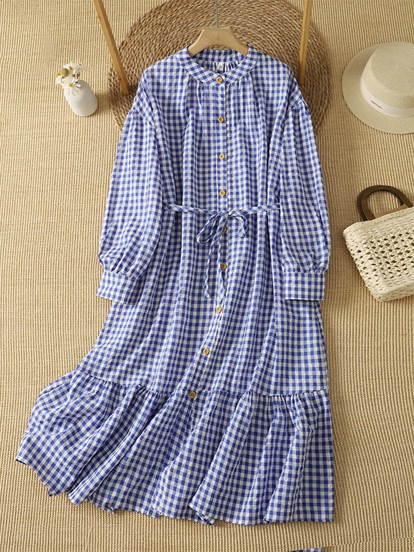 Autumn 2026 Women's Loose Fit Plaid Shirt Dress Long Sleeve Drawstring Pleated Stand Collar A-Line Skirt City Walk Style