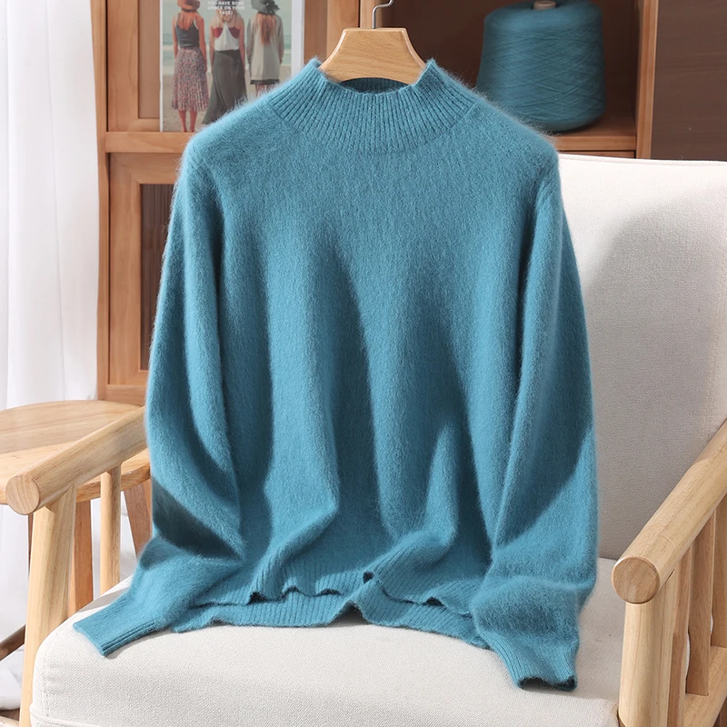 Women's Sweater 100% Mink Fur Sweater, Half High Neck, Autumn Winter Loose Slit Korean Version Knitted Base Shirt, Long Sleeveds