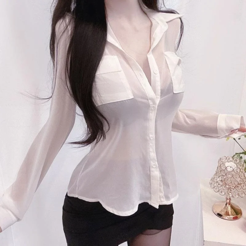 

Chic Loose Shirt Double Pocket Slimming Women's Flavor Korean Style Commute Long Sleeve Button up Pure Color Spring Fashion