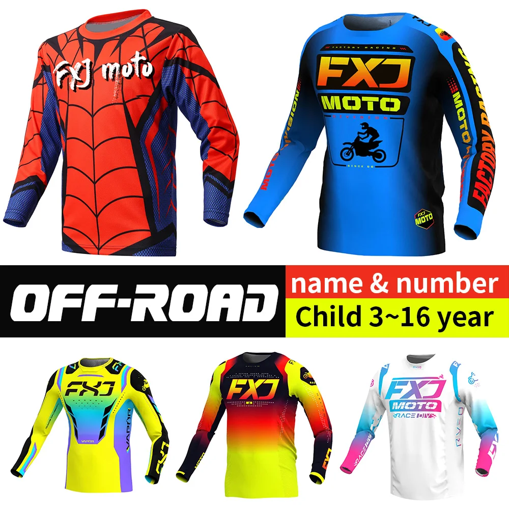 

Детская мотоциклетная футболка для бездорожья, для мальчиков и девочек, для мотокросса, скоростного спуска, с возможностью нанесения имени и номера, для квадроциклов и горных велосипедов.