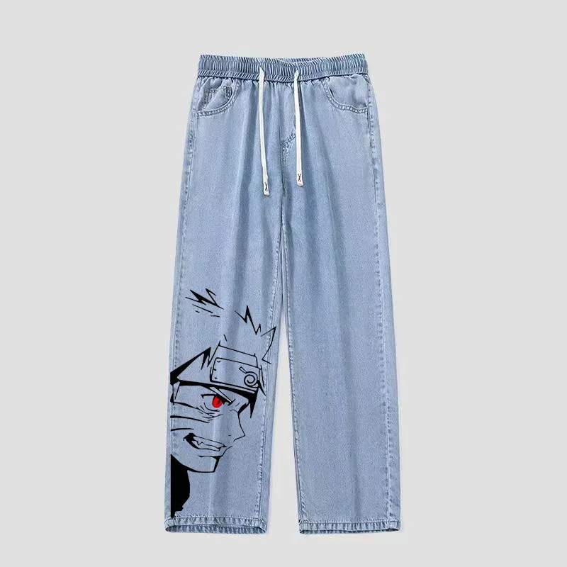 

Anime Loose Fit Spor Casual Denim Trousers mid Waist Belted Loose Leggings Japanese Sle Jeans for Teens And Youth