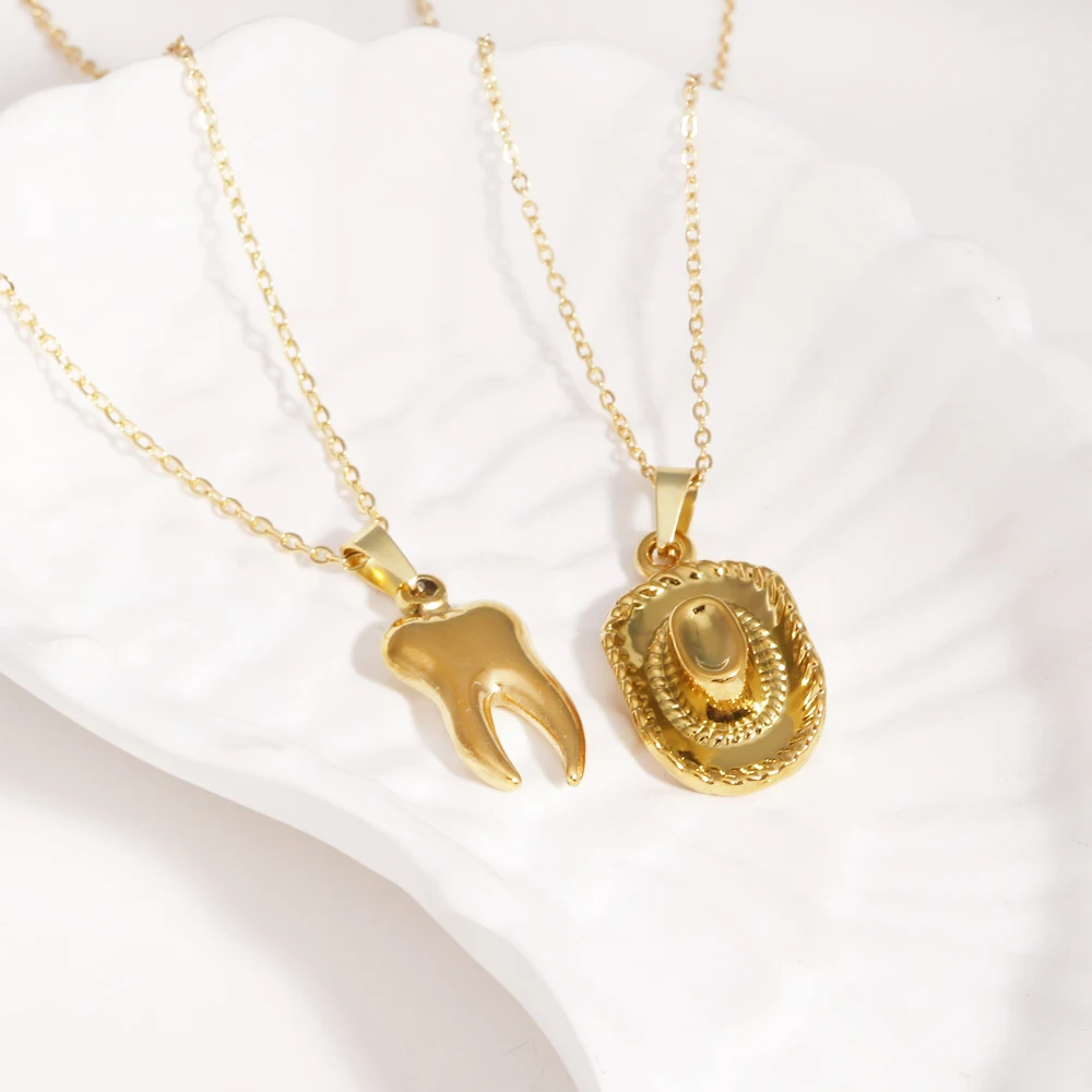 316L roestvrij staal westerse cowboyhoed tand hanger ketting ketting sieraden goud 18K vergulde charme kraag accessoires voor vrouwen