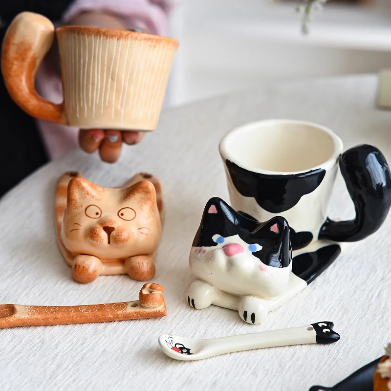 

Cute Cat Ceramic Mug Set with Spoon and Saucer Adorable Animal Coffee Cup Handcrafted Pottery Gift for Home Decor Companionship