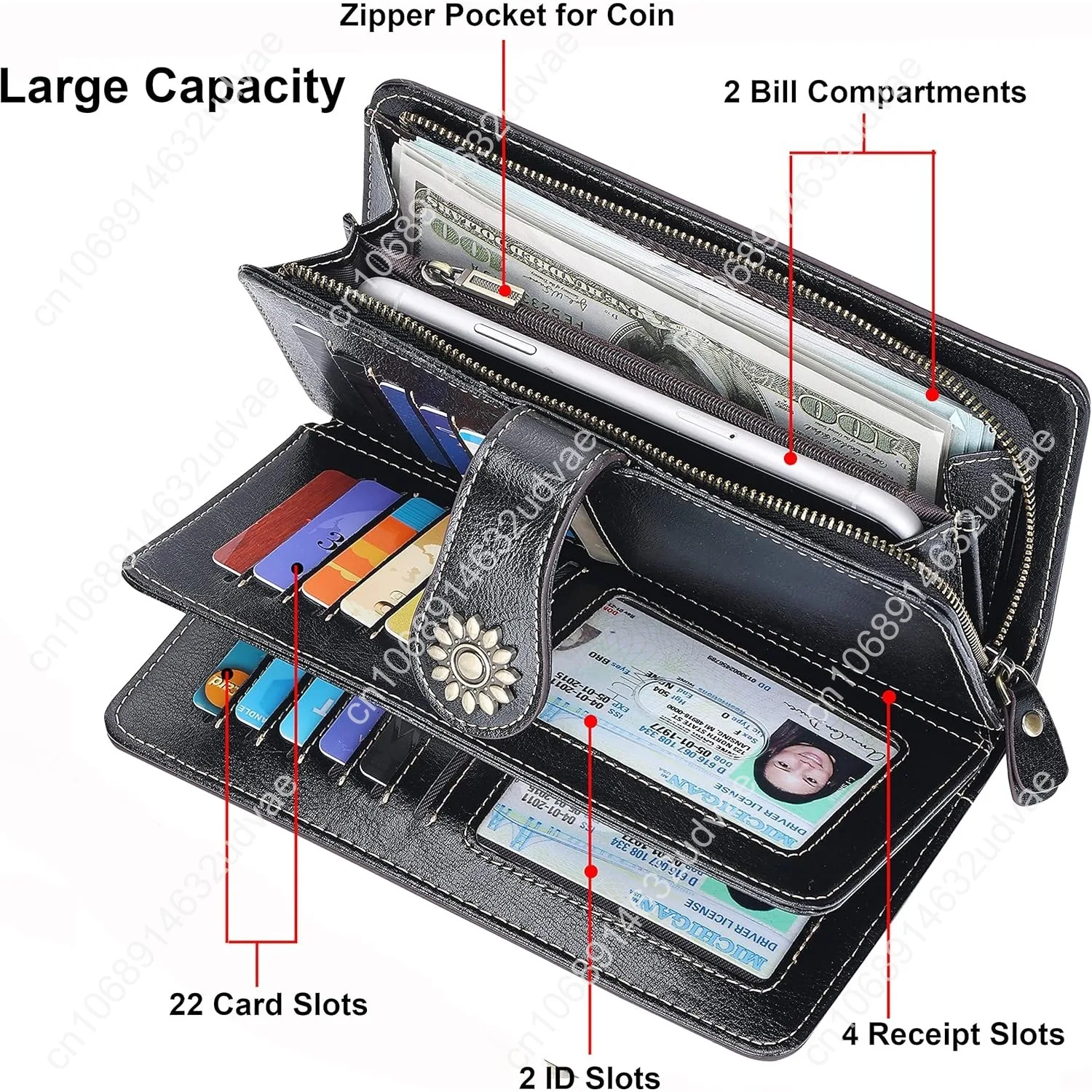 Lavemi Womens Large Capacity Genuine Leather RFID Blocking Wallets Wristlet Clutch Card Holder