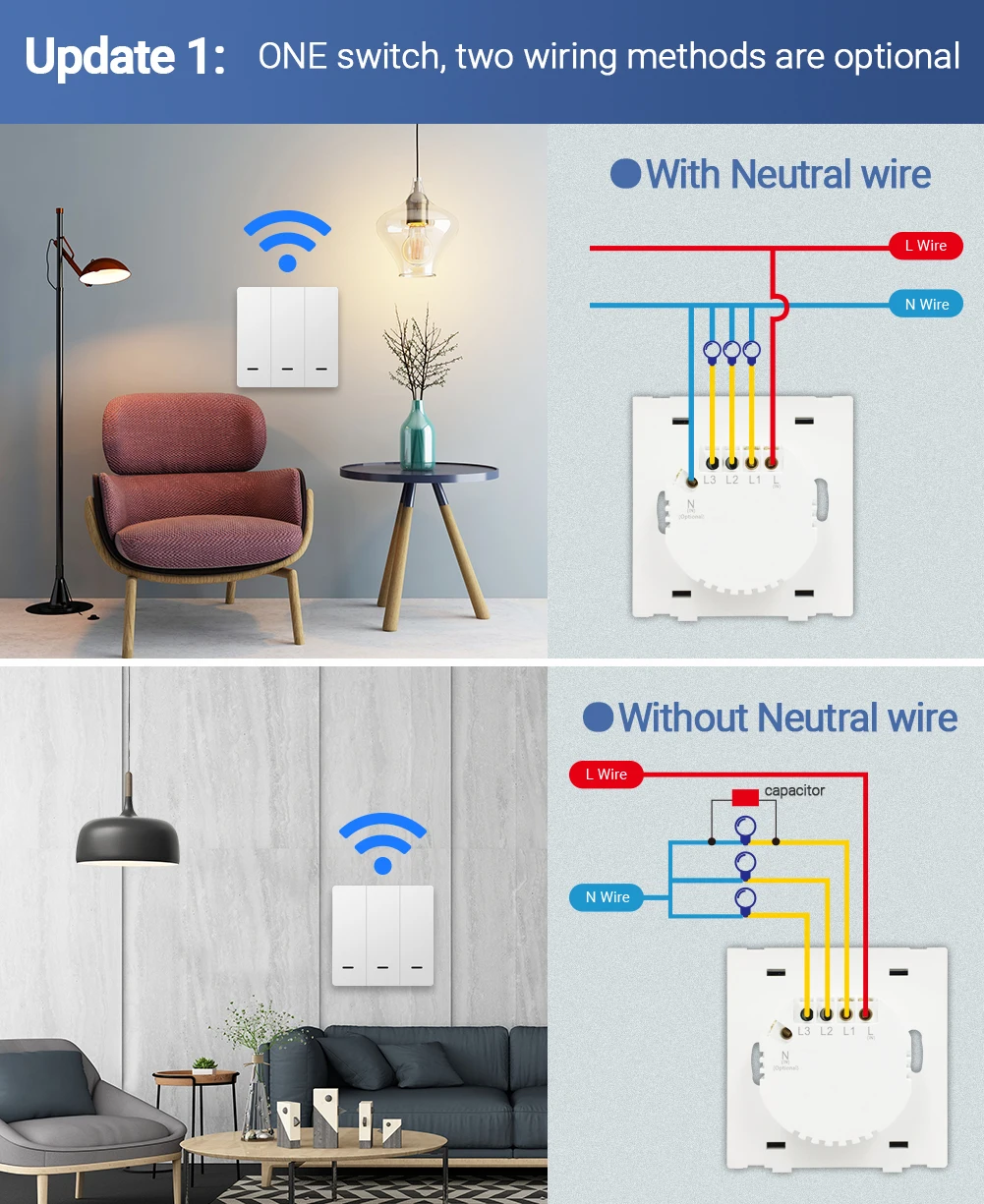 ZigBee-Botão de Luz com ou sem Fio Neutro, Vida Inteligente, Tuya App Remote, Alexa, Google Home, Controle de Voz, 2, 3Way, UE