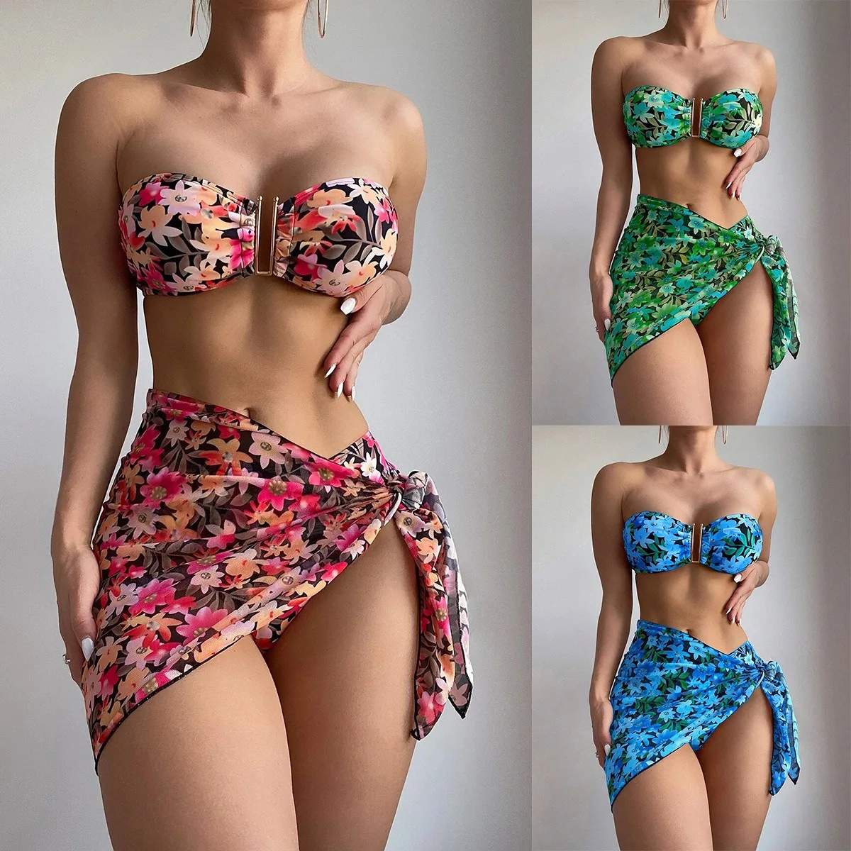 Maiô de três peças com floral impresso para as mulheres, maiô com metal u-ring, biquíni, roupas de praia