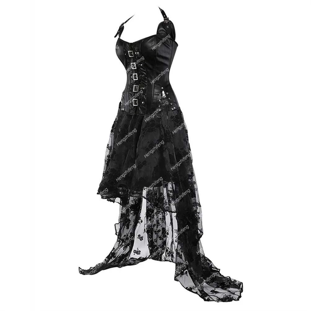 Gothic Leather Corset Bustier with Lace Party Skirt Waist Trainer Steampunk Pirate Corsage Outfit Halloween Costume Plus Size