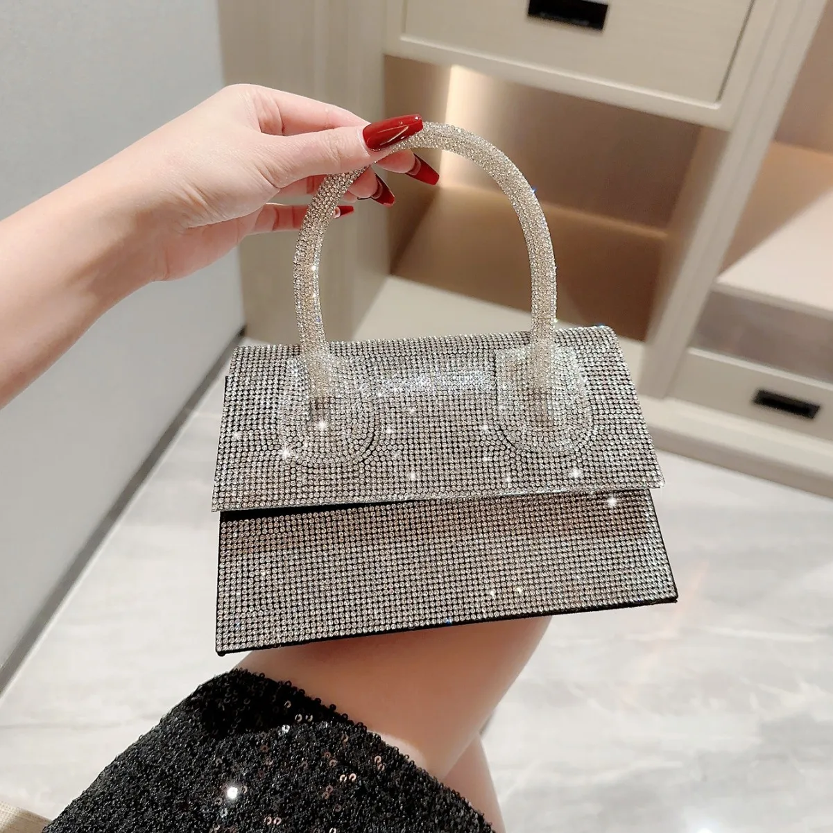 

Fashion Mini Small Square Bag Crossbody Bags Handle Rhinestones Women'S Handbag 2024 Luxury Designer Chain Shoulder Purse Bags