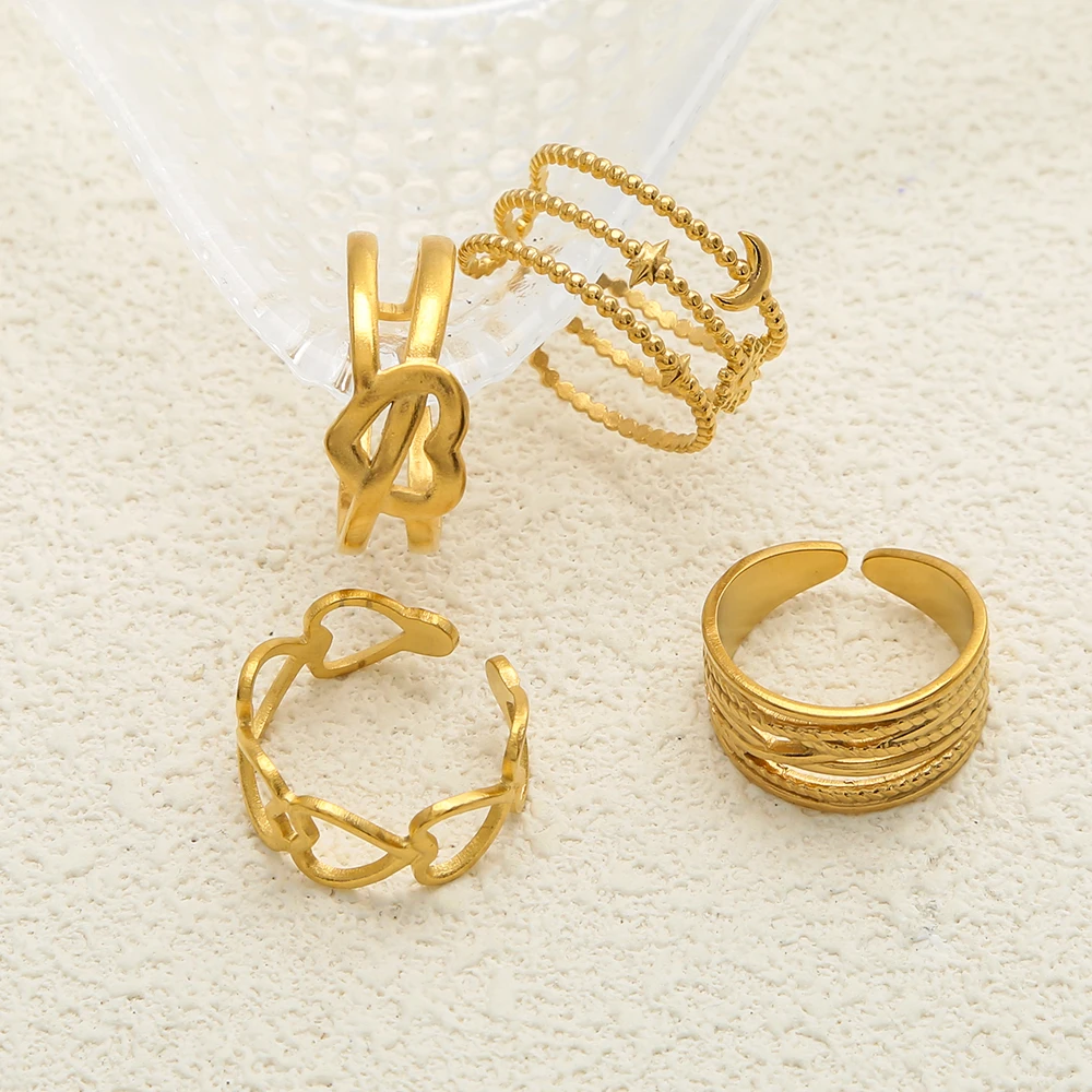 SOVOB Minimalist Textured Stainless Steel Geometric Ring For Women Gold-Tone Open-Closure Couple's Matching Ring Aesthetic Style